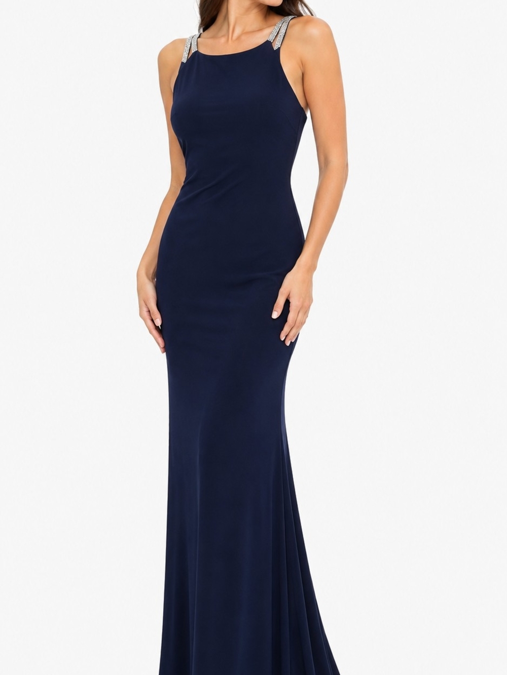 Navy Embellished-Strap Maxi Evening Dress